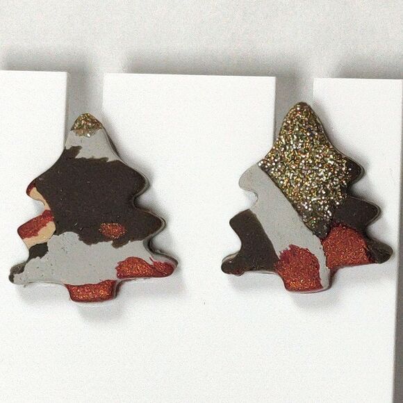 Holiday Christmas Tree Stud Post Earrings Multicolor Camo Gold Glitter Seasonal - Picture 7 of 13